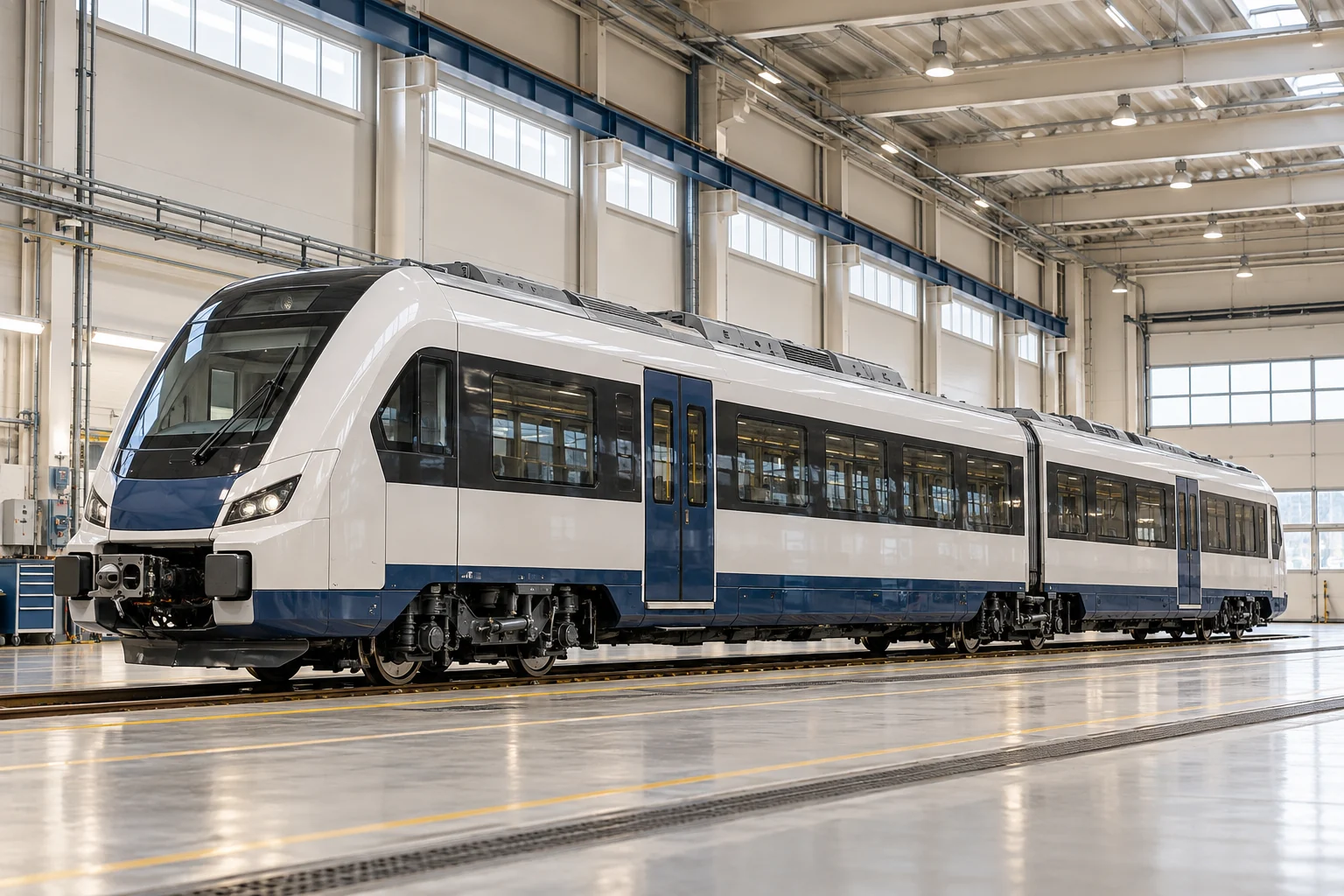 Imatge conceptual generada: Vehicle ferroviari compacte complet dins una nau de manteniment.